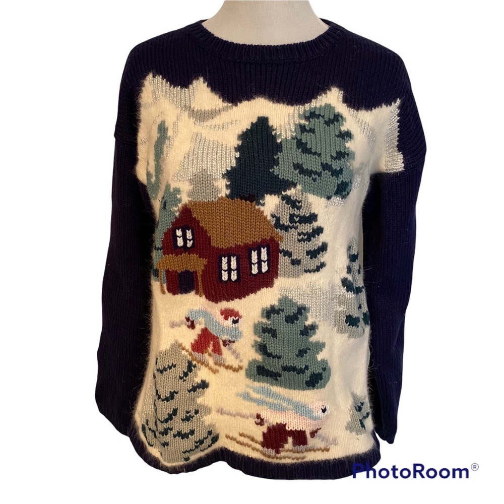 KAREN SCOTT SWEATER CREW NECK BLUE WHITE TREES CABIN TACKY HOLIDAY XMAS Size S